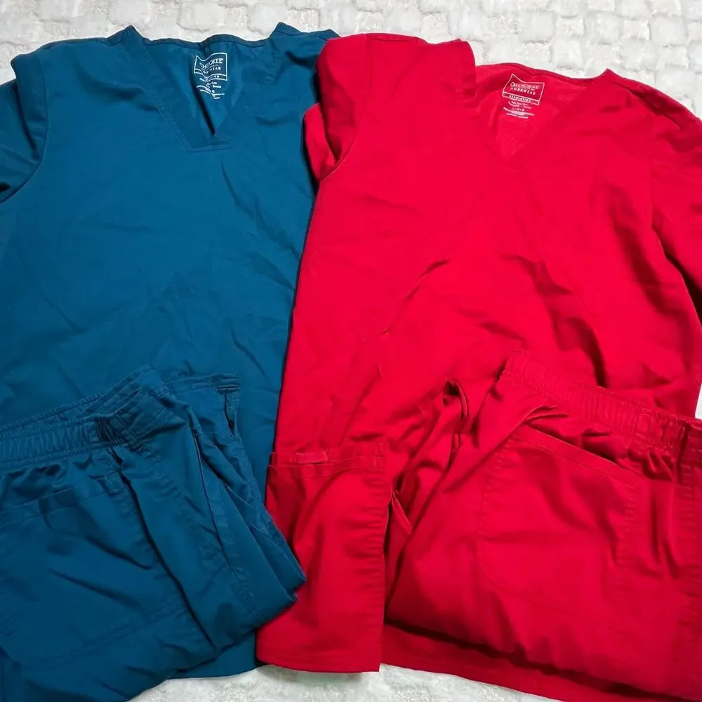 Cherokee Revolution Scrub Set Bundle Women Large Tops Pants Caribbean Blue Red